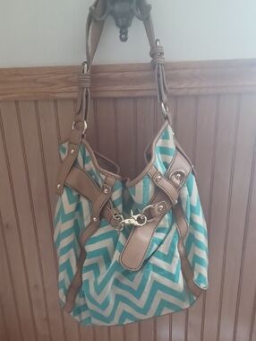 Turquoise Chevron Canvas Shoulder Bag with Tan Trim
